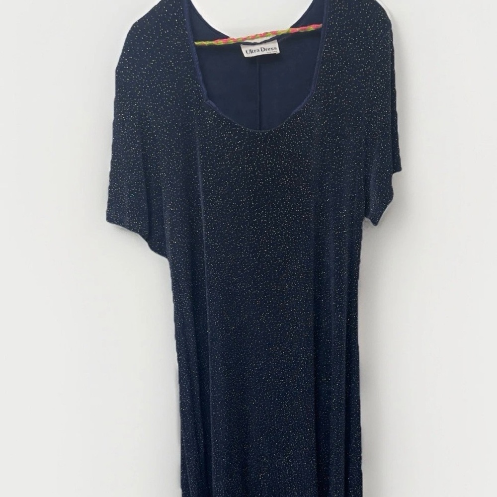 Vintage Y2K Whimsigoth Navy Blue Sparkle Midi Dress Short Sleeves XL Plus Size